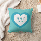 白とターコイズのハート – モノグラム クッション (ブランケット)