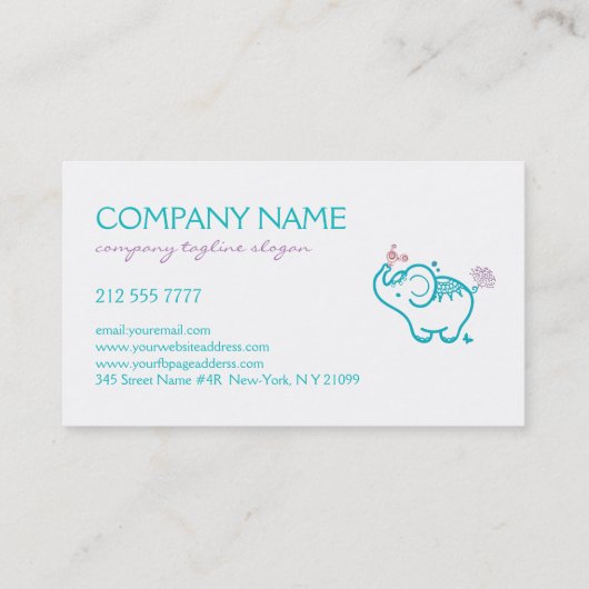 白とターコイズのベビーゾウとフラワーブシ 名刺 (裏面)