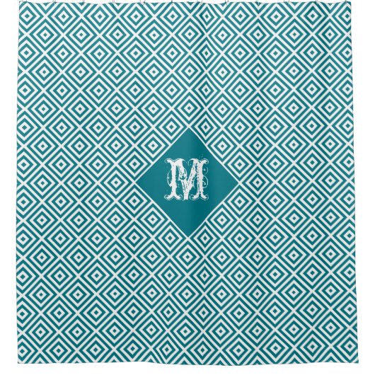 白とターコイズの幾何パタモダンーン シャワーカーテン (正面)