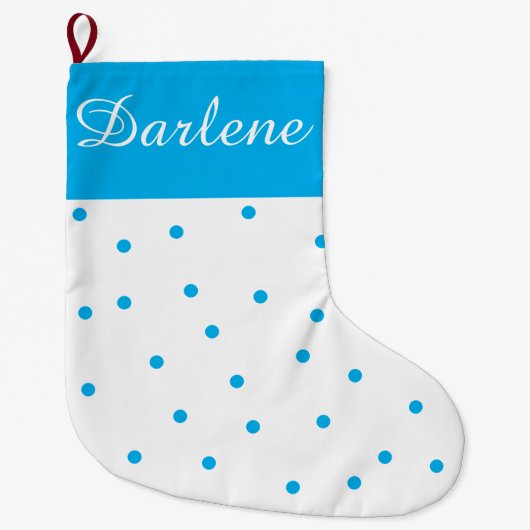白とターコイズの水玉： ラージクリスマスストッキング (正面)