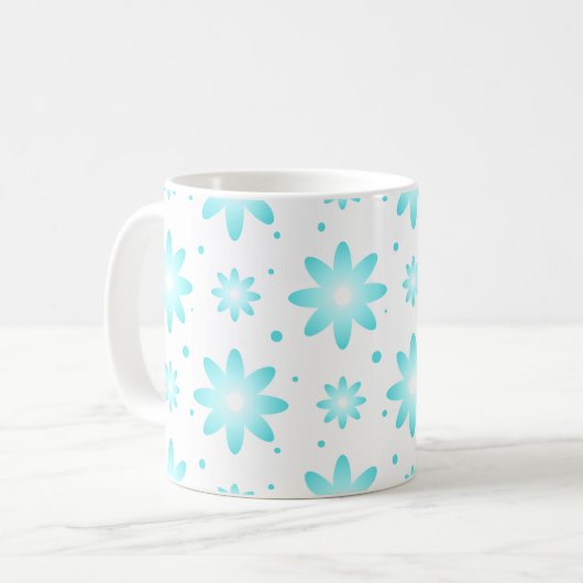 白とターコイズの繊細なデイジー、ドットのパターン コーヒーマグカップ (正面左)