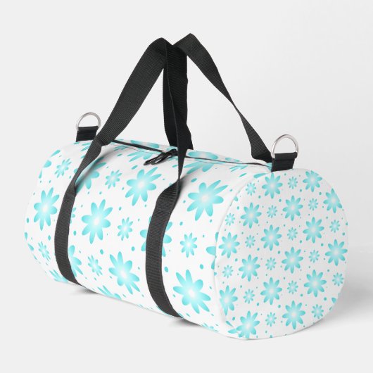 白とターコイズの繊細なデイジー、ドットのパターン ダッフルバッグ (左コーナー)