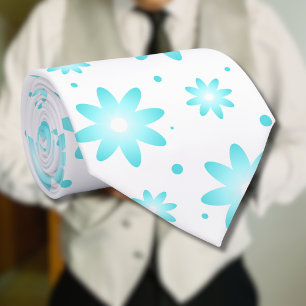 白とターコイズの繊細なデイジー、ドットのパターン ネクタイ