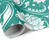 白とターコイズの青のフローラダマスクパターン ラッピングペーパー (ロールコーナー)