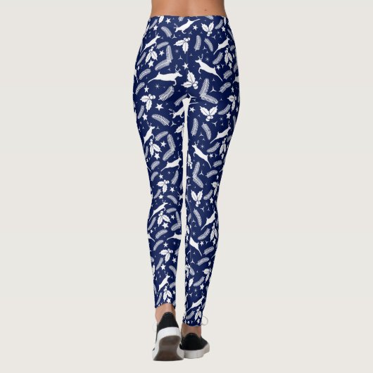 白とダークブルーのクリスマスホリー&ディアパターン レギンス (裏面)