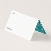 白とティール(緑がかった色)のビュッフェテーブルレシピテントカード 名刺 (裏面)