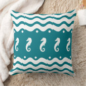 白とティール（緑がかった色）の青い海の馬の沿岸生活 クッション (ブランケット)