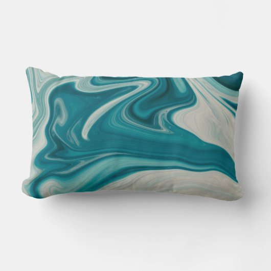 白とティール(緑がかった色)抽象芸術絵画 ランバークッション (正面)