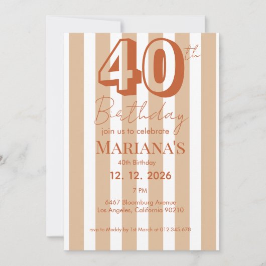 白とテラコッタのストライプ モダン40歳の誕生日  招待状 (正面)