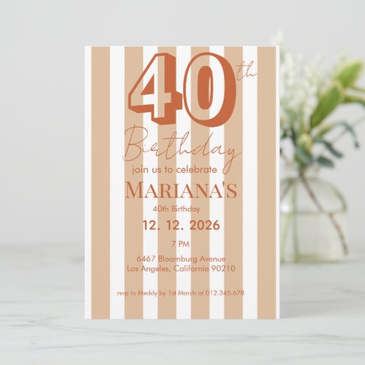 白とテラコッタのストライプ モダン40歳の誕生日 招待状 (スタンド正面)