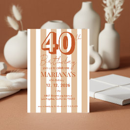白とテラコッタのストライプ モダン40歳の誕生日 招待状