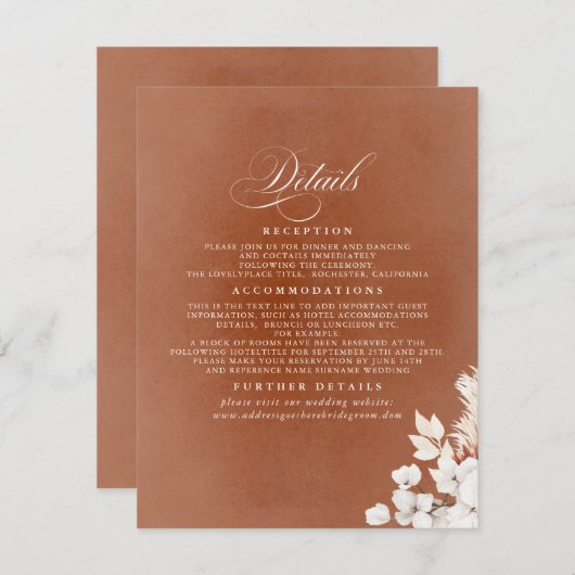 白とテラコッタ結婚の花の詳細 エンクロージャーカード (正面/裏面)