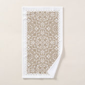 白とトープのダマスクのパターンは鱗状縁ど バスタオルセット (ハンドタオル)