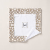 白とトープのダマスクのパターンは鱗状縁ど バスタオルセット (ウォッシュタオル)