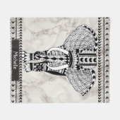 白とトープ大理石の部族パターン(の模様が)ある象 フリースブランケット (正面(横))