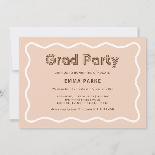 白とニュートラルなディスコ テキストと写真の卒業パーティー 案内状 (裏面)