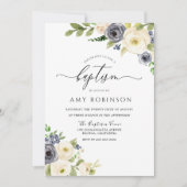 白とネイビーのエレガントな水彩画の洗礼 招待状 (正面)