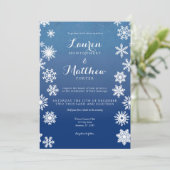 白とネイビーの冬の雪の結晶のウェディング 招待状 (スタンド正面)
