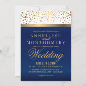 白とネイビーブルーと金ゴールドドット – 招待状 (正面)