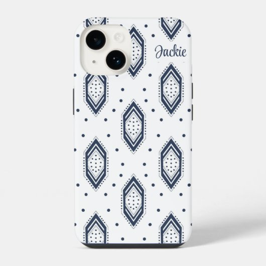  白とネイビーブルーの六角形パターン  iPhoneケース (裏面)