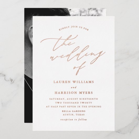 白とバラの金ゴールドスクリプトフォト結婚ズ 箔招待状 (正面/裏面)