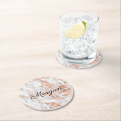 白とバラの金ゴールド大理石、黒のスクリプト名、Vs 2 ラウンドペーパーコースター (インサイチュ)