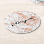 白とバラの金ゴールド大理石、黒のスクリプト名、Vs 2 ラウンドペーパーコースター (アングル)