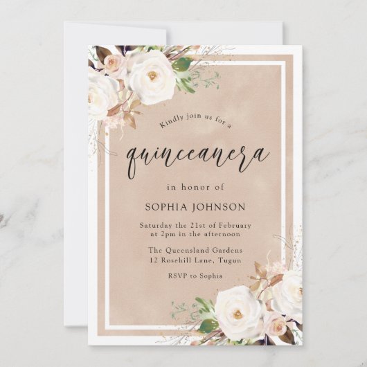 白とバラ色の花の水彩画 キンセアニエラパーティー 招待状 (正面)