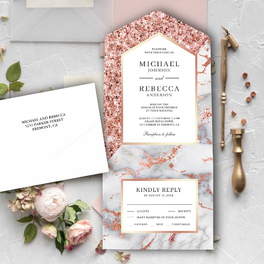 白とバラ金ゴールドグリッターマーブル結婚ズ オールインワン招待状