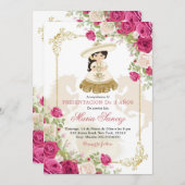 白とバラ金ゴールドメキシコの女の子フローラ3 Anos 招待状 (正面/裏面)
