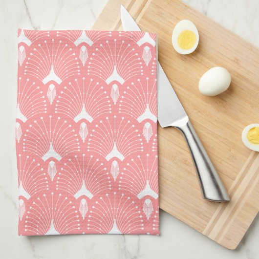 白とピンクのアートデコパターン キッチンタオル (四つ折り)