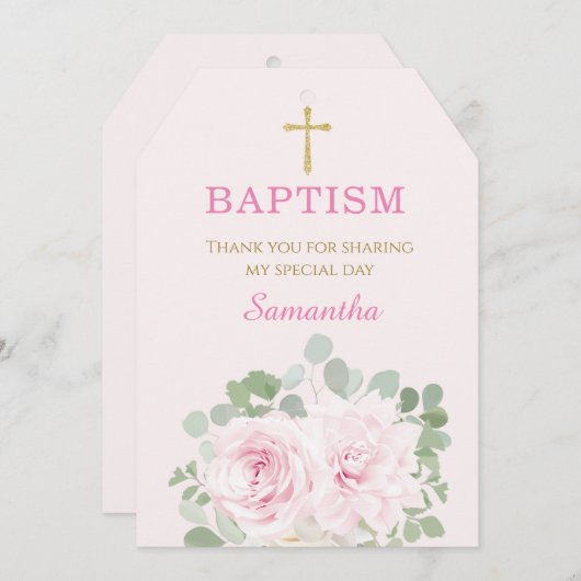 白とピンクのカスタム洗礼 サンキューカード (正面/裏面)