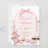 白とピンクのカタツムリとキノコの森の誕生日 招待状 (正面)