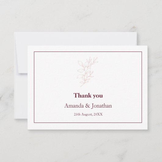 白とピンクのクリーンシンプルリーフ |モダン結婚s サンキューカード (正面)