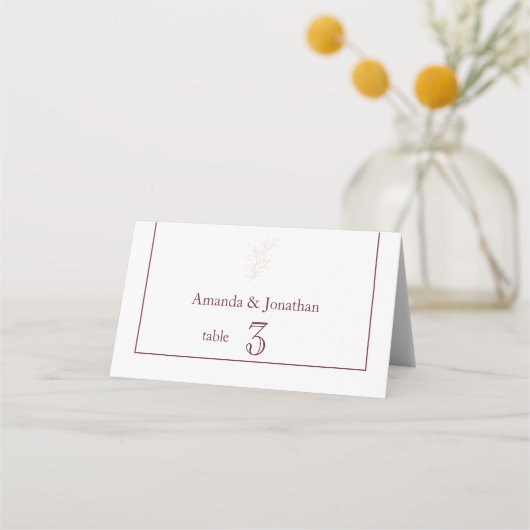 白とピンクのクリーンシンプルリーフ |モダン結婚s プレイスカード (正面)