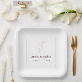 白とピンクのクリーンシンプルリーフ |モダン結婚s ペーパープレート