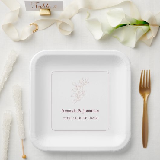 白とピンクのクリーンシンプルリーフ |モダン結婚s ペーパープレート (ウェディング)