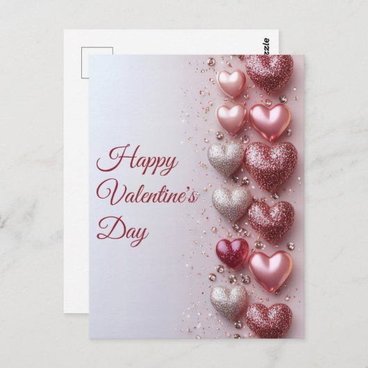 白とピンクのグリッターハートバレンタインの挨拶 ポストカード (正面/裏面)