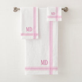 白とピンクのストライプのイニシャル バスタオルセット