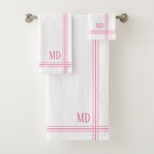 白とピンクのストライプのイニシャル バスタオルセット (インサイチュ)