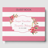 白とピンクのストライプ花の模様と花 ゲストブック (正面)