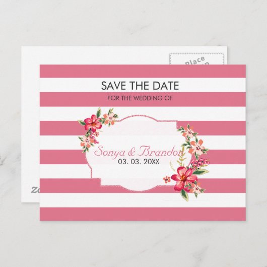 白とピンクのストライプ – 日付を保存 案内ポストカード (正面/裏面)