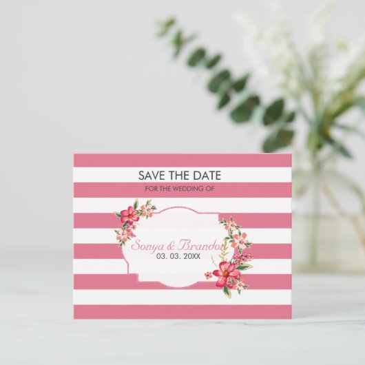 白とピンクのストライプ – 日付を保存 案内ポストカード (スタンド正面)