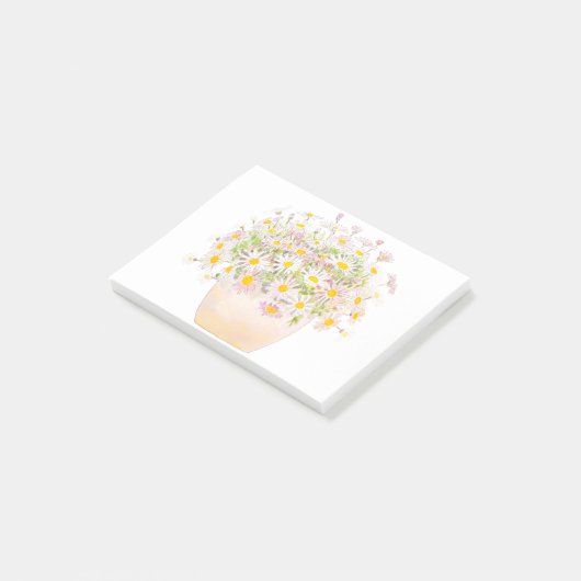 白とピンクのデイジー、ポットの水色 ポストイット (アングル)