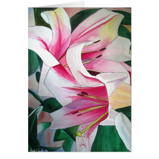 白とピンクのデイリリーの花の水彩画アート (正面)