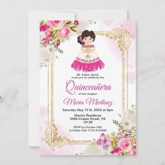 白とピンクのドレスのメキシコの女の子キンセアニェラ1 招待状 (正面)