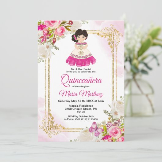 白とピンクのドレスのメキシコの女の子キンセアニェラ1 招待状 (スタンド正面)