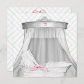 白とピンクのバシネットベビーガールシャワー 招待状 (正面/裏面)