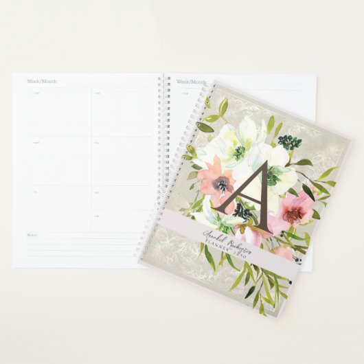 白とピンクのバラの上のヴィンテージの鳩の灰色のブックカバー プランナー手帳 (ディスプレー)