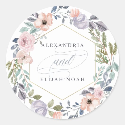 白とピンクのバラの幾何学的フローラ | 結婚s ラウンドシール (正面)